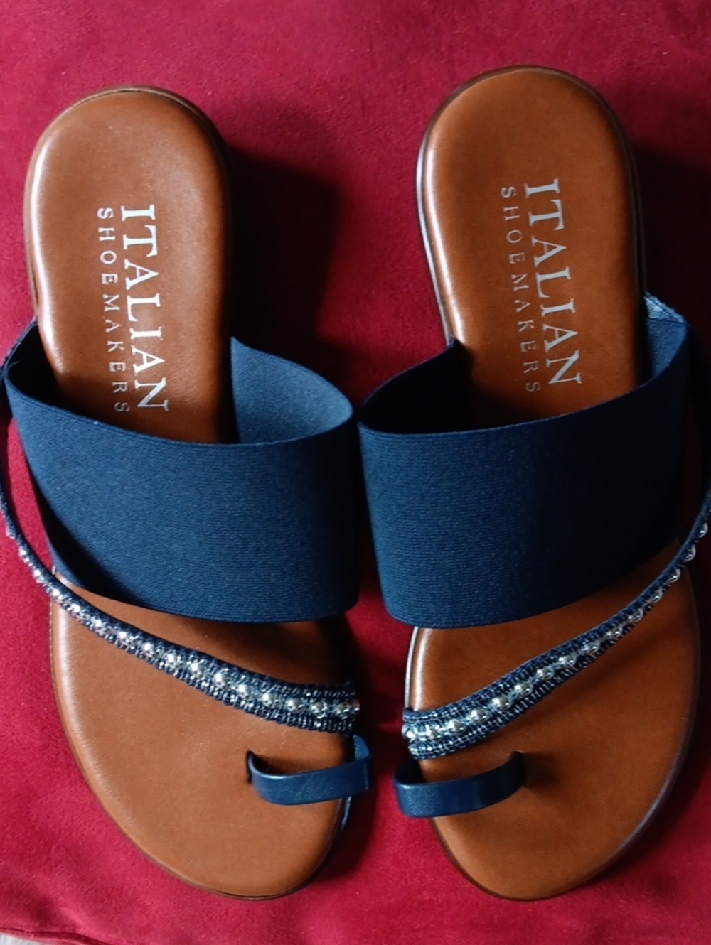 Italian Shoemakers Navy and Brown Slip-On Sandals with Beaded Strap